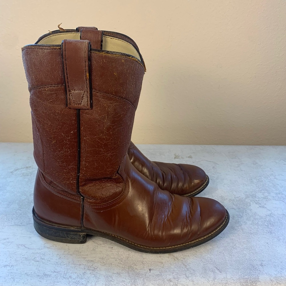 Vintage Texas All American 8.5D Western Roper Boots Brown Leather USA Made 8801